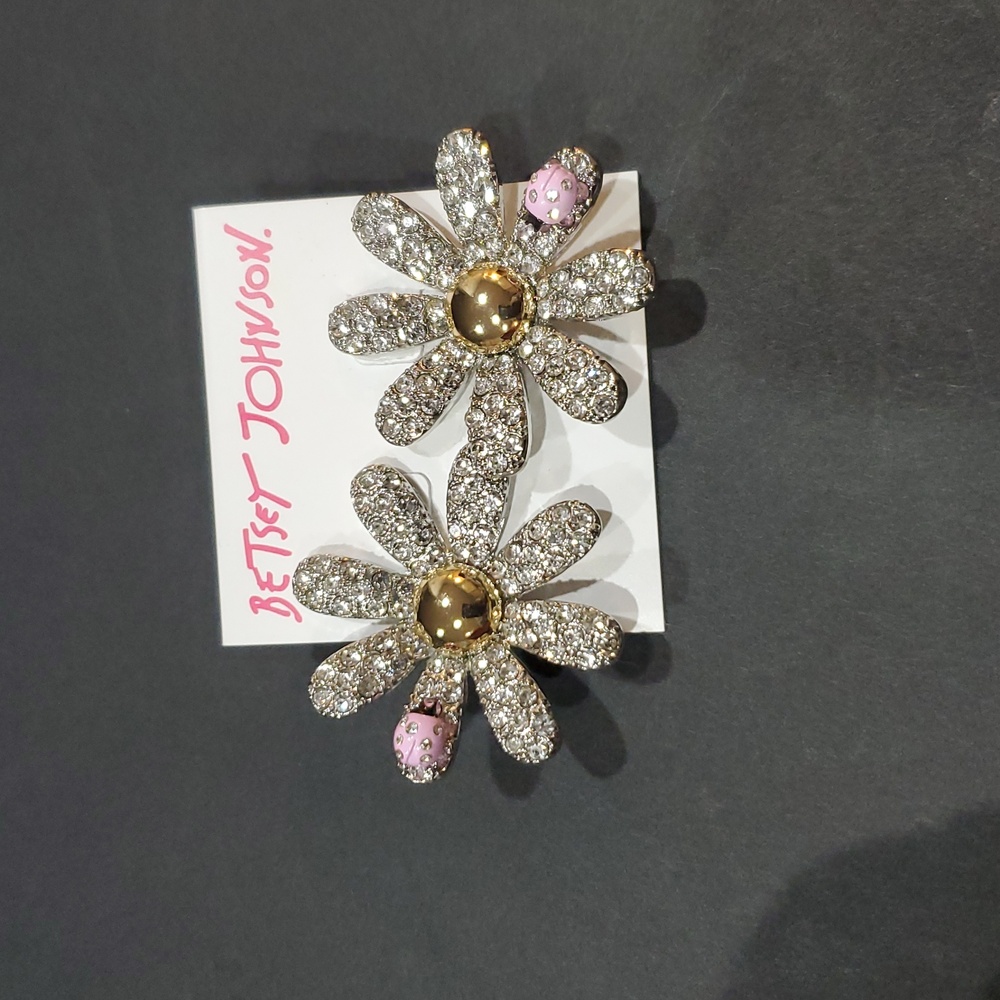 Betsey Johnson pave oversized sunflower and pink ladybug earrings new